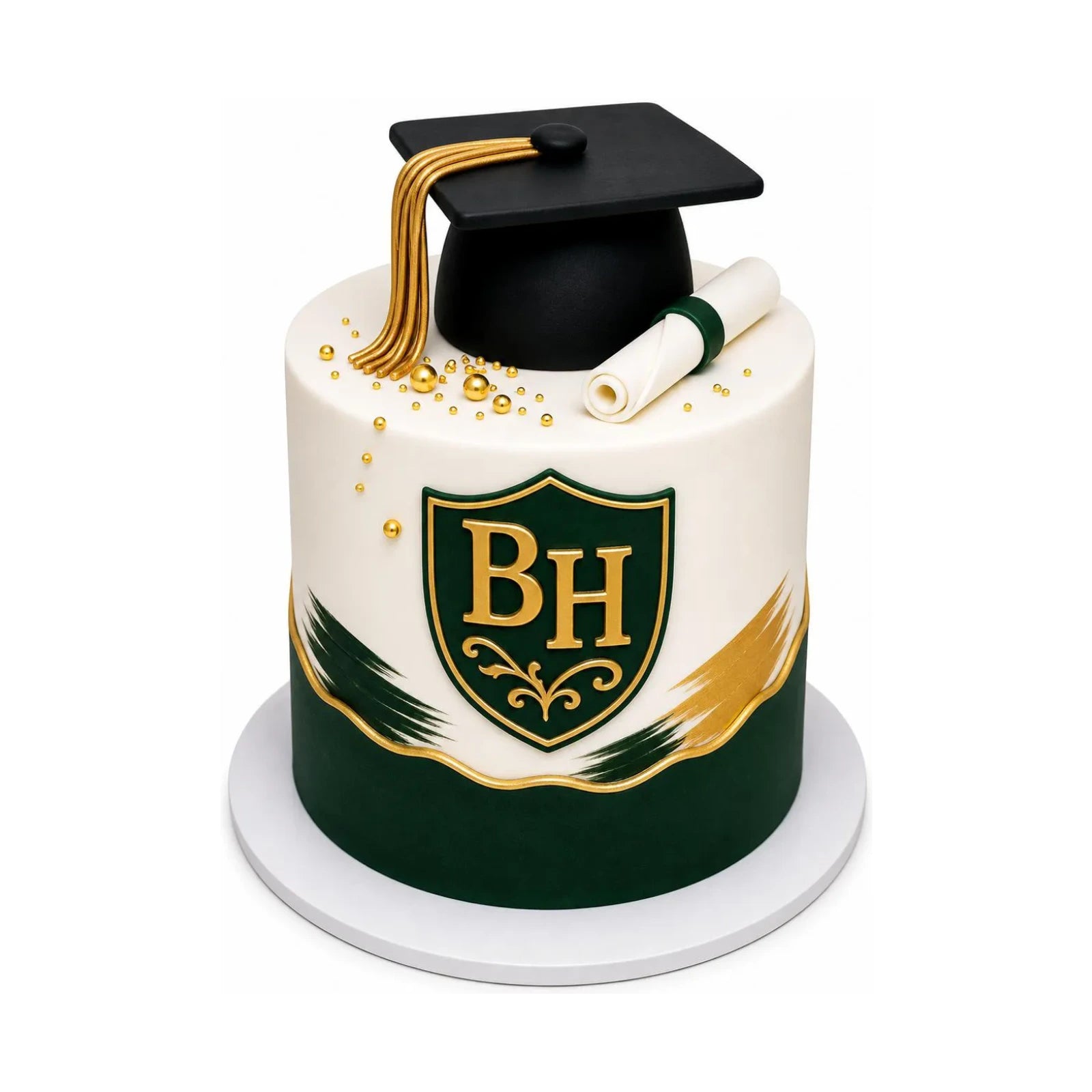 Beverly Hills High School Graduation Cake featuring a green and gold shield with BH initials, a black graduation cap with gold tassel, and a rolled diploma, custom crafted for luxury celebrations. Luxury custom cakes and desserts baked fresh in Beverly Hills.