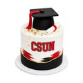 Elegant CSUN Graduation Cake featuring a black graduation cap topper, rolled diploma decoration, and gold accents, custom crafted by a luxury bakery known for fresh, high-end desserts.