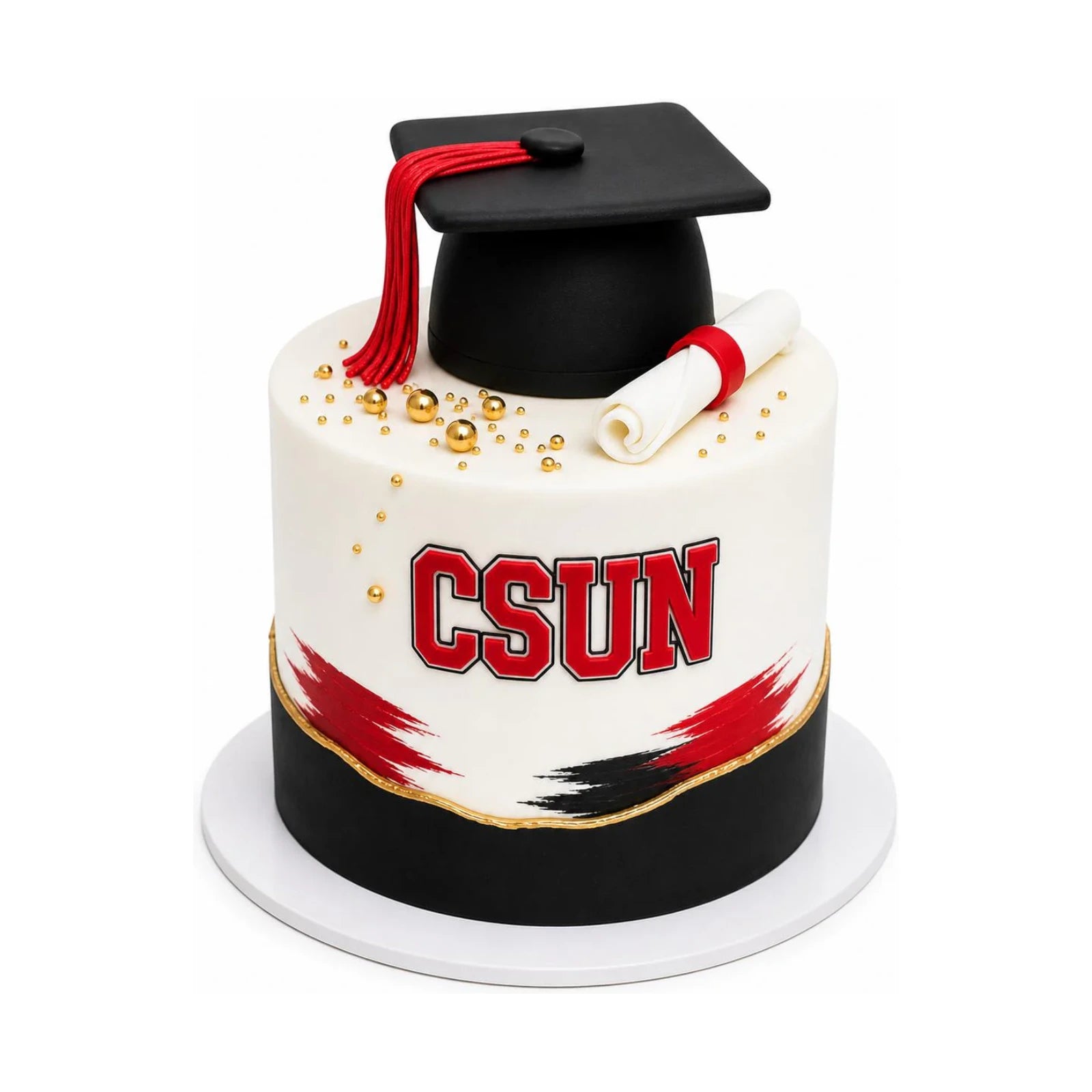 Elegant CSUN Graduation Cake featuring a black graduation cap topper, rolled diploma decoration, and gold accents, custom crafted by a luxury bakery known for fresh, high-end desserts.