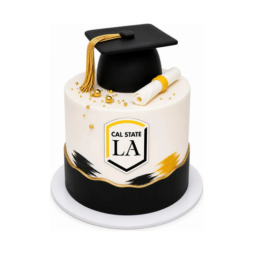 Cal State LA Graduation Cake featuring a black and gold graduation cap, diploma, and custom painted design, crafted by a luxury bakery on Rodeo Drive with fresh ingredients.