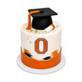 Occidental College Graduation Cake featuring a black fondant graduation cap, diploma scroll, and orange and black accents, custom baked with luxury Dubai chocolate bars.