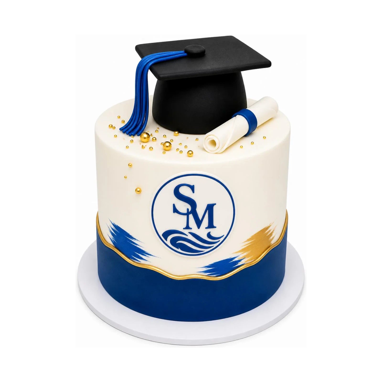 Santa Monica College Graduation Cake featuring a blue and gold custom design with a fondant graduation cap and diploma, showcasing luxury custom cakes baked fresh in Beverly Hills.