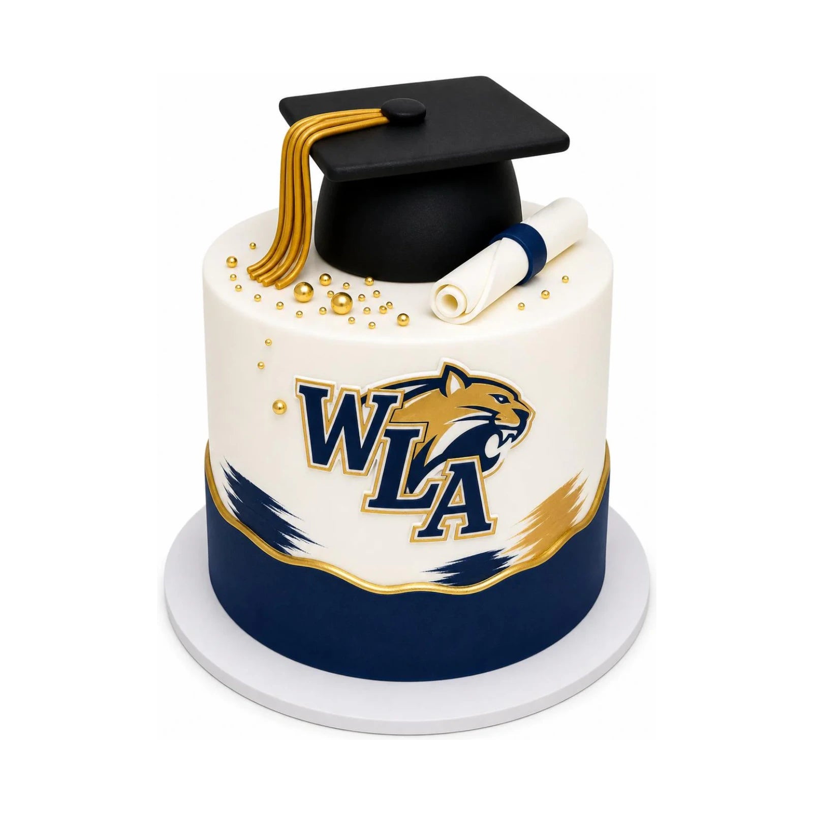 Elegant West LA College Graduation Cake featuring a black fondant graduation cap with gold tassel, a scroll, and the WLA logo in blue and gold, custom baked luxury dessert.