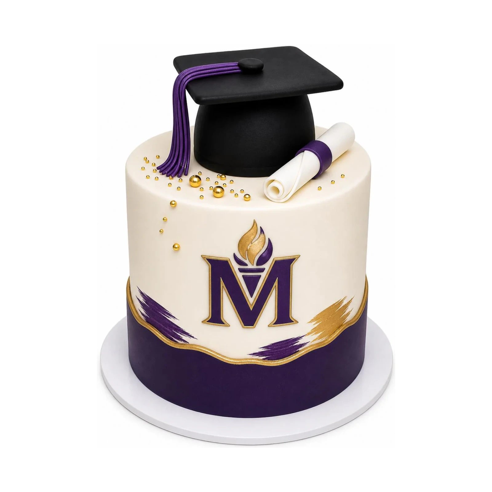 Mount St. Mary's Graduation Cake featuring a white and purple design with gold accents, topped with a black graduation cap and diploma, luxury custom cakes baked fresh in Beverly Hills.