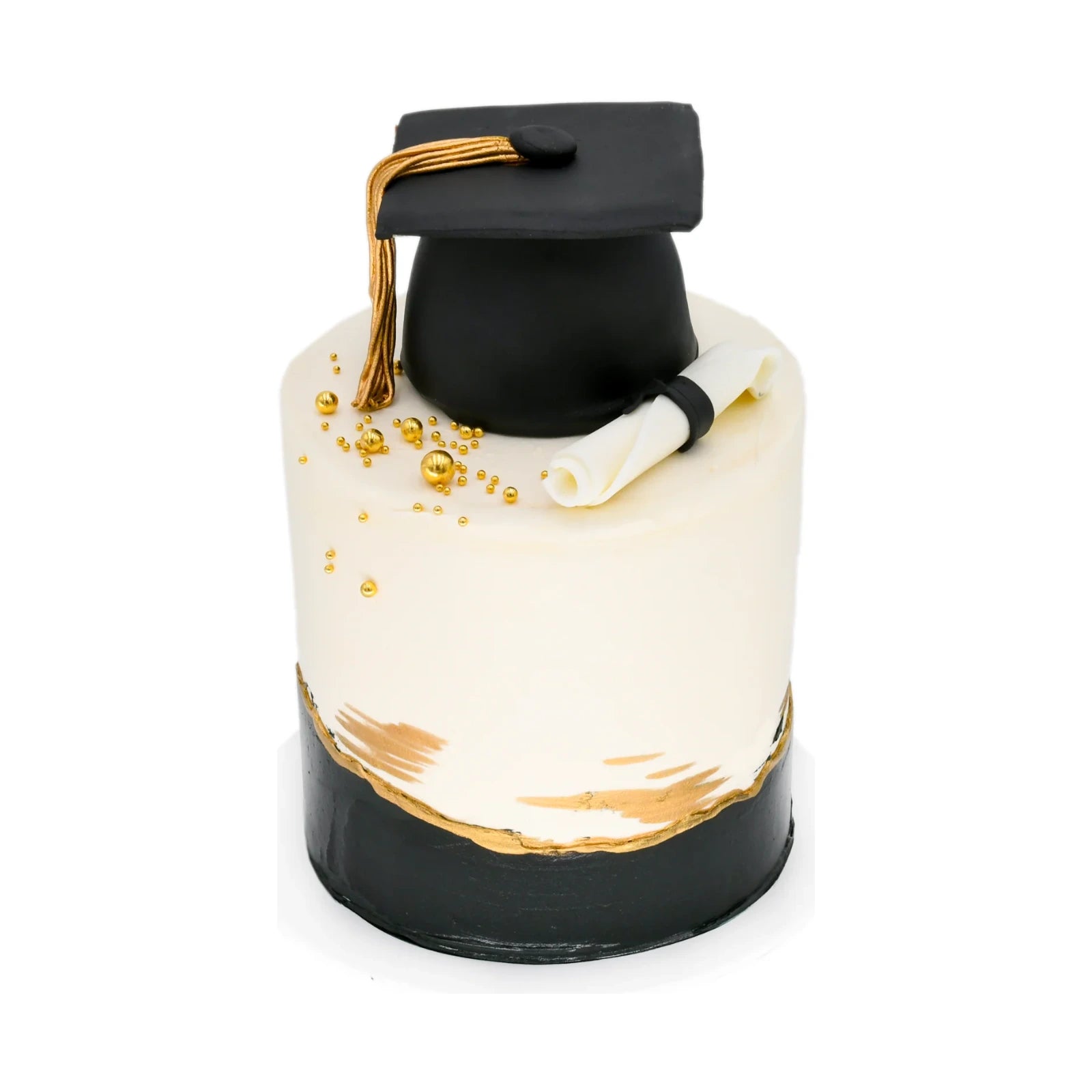 Custom School Logo Happy Graduation Cake featuring a black graduation cap with gold tassel and a scroll on a white and black cake with gold accents, luxury custom cakes baked fresh in Beverly Hills.