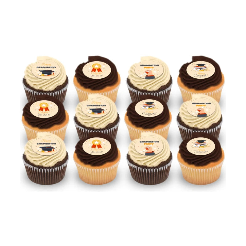 Happy Graduation assortment of chocolate and vanilla cupcakes topped with creamy frosting and edible decorations featuring graduation caps, diplomas, and congratulatory messages.