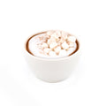 Hot chocolate in a white mug topped with mini marshmallows and cocoa powder