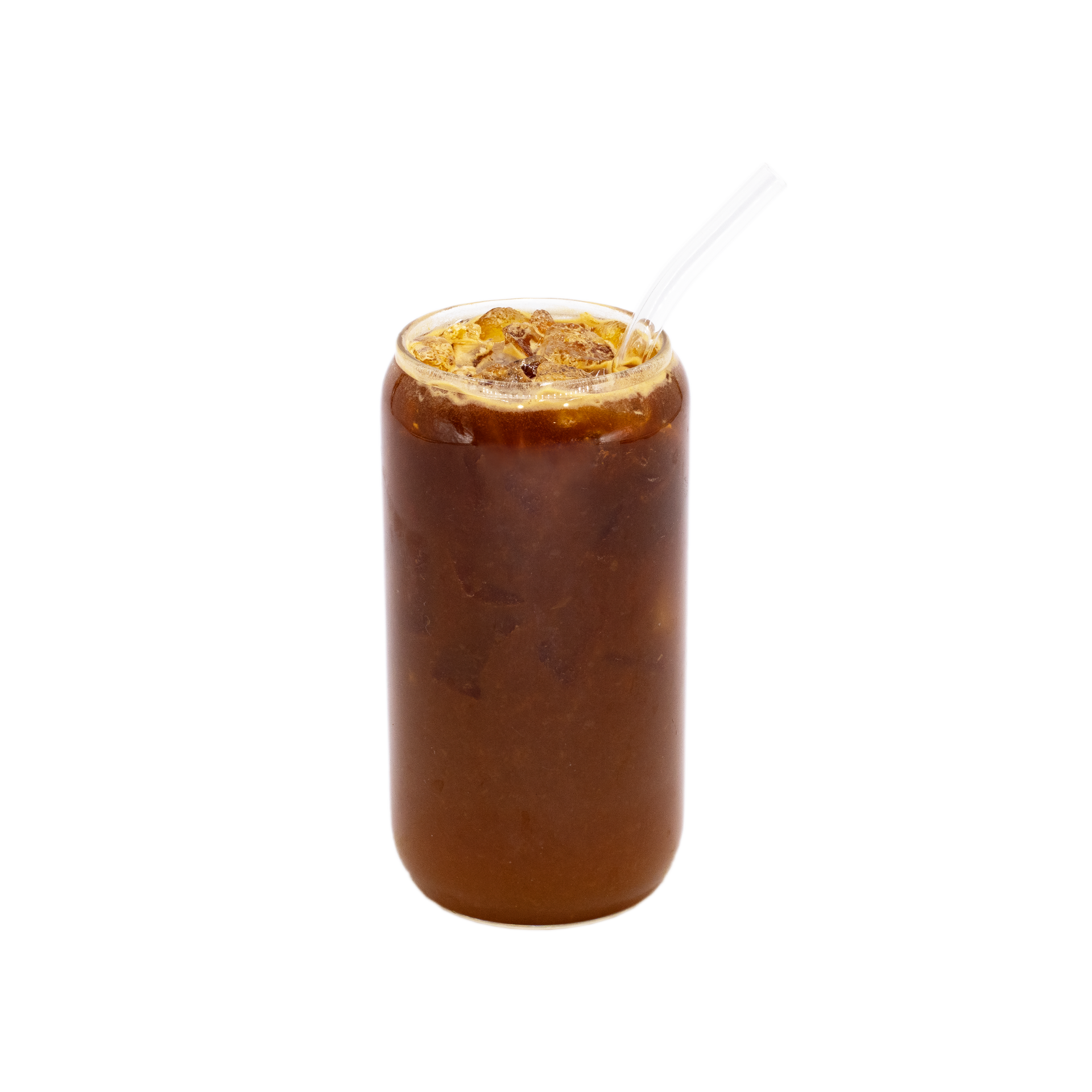 Iced black tea in a clear glass with ice cubes and straw on a white background