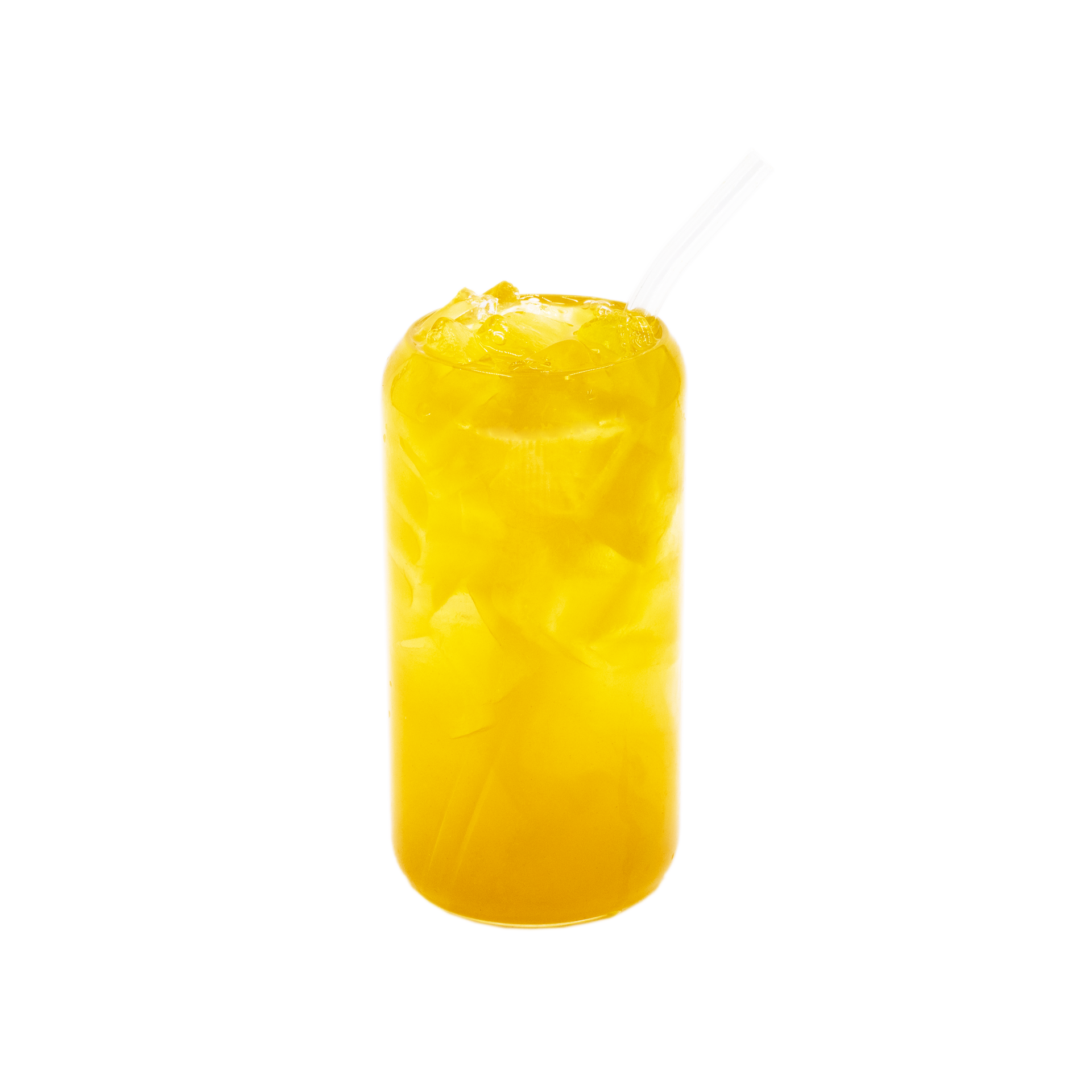Iced green tea in a clear glass with ice and straw on white background
