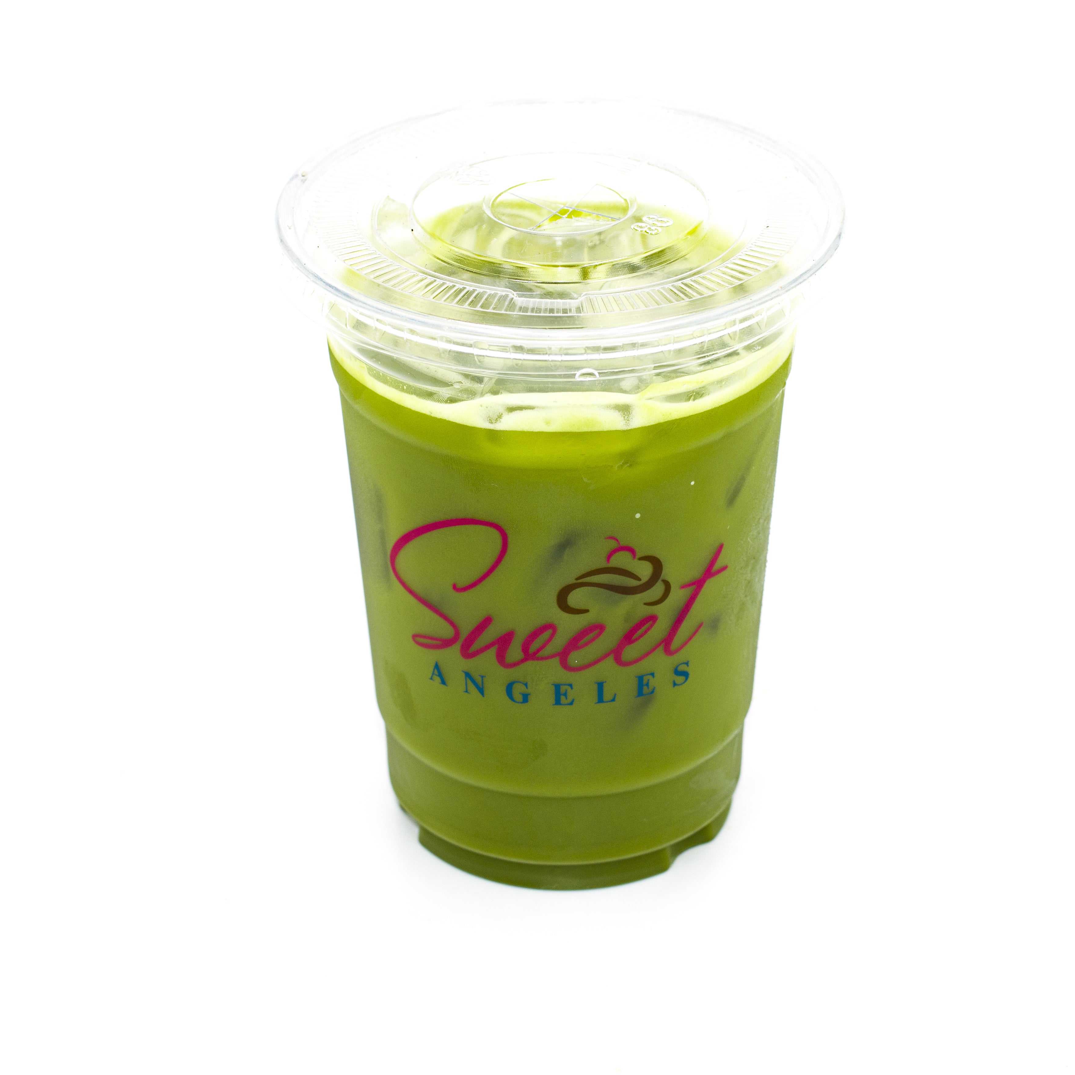 Iced matcha latte in a clear plastic cup with ice and logo on white background