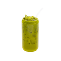 Iced matcha latte in a clear glass with ice and a straw on white background