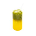 Iced matcha orange drink with ice cubes in a clear glass and straw, isolated on white background.