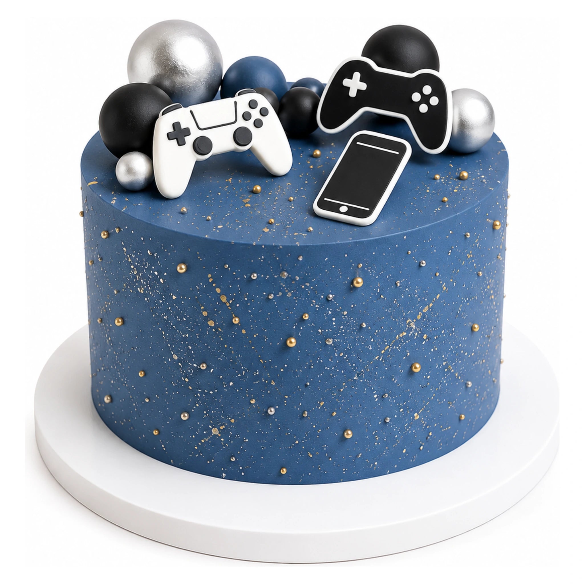 Blue cake decorated with gold speckles and small gold balls topped with edible game controller and smartphone shapes, along with black, silver, and dark blue spherical decorations.