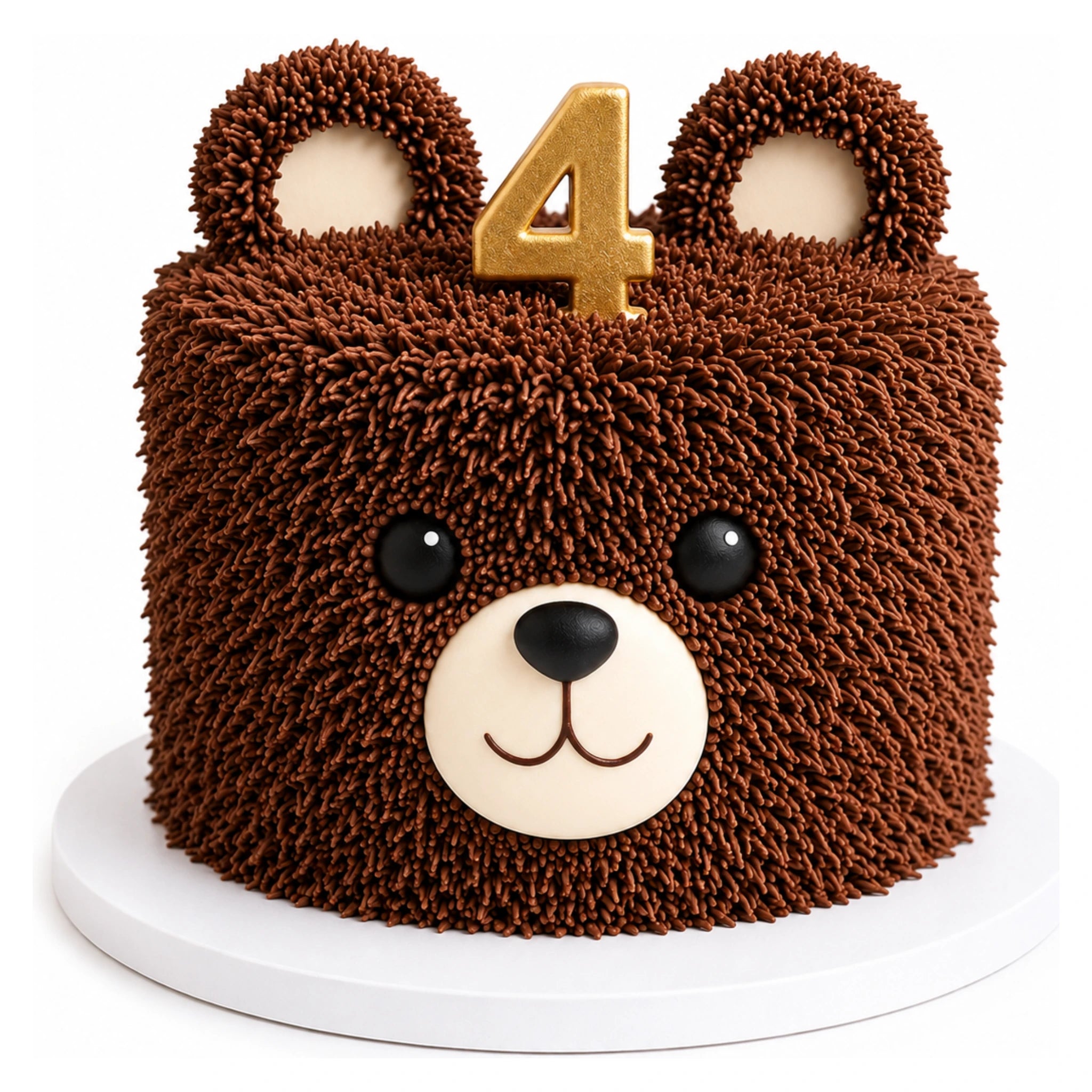 A custom Teddy Bear Cake featuring textured chocolate frosting shaped like fur, with cute fondant eyes, nose, ears, and a gold number 4 topper, perfect for a child's birthday.