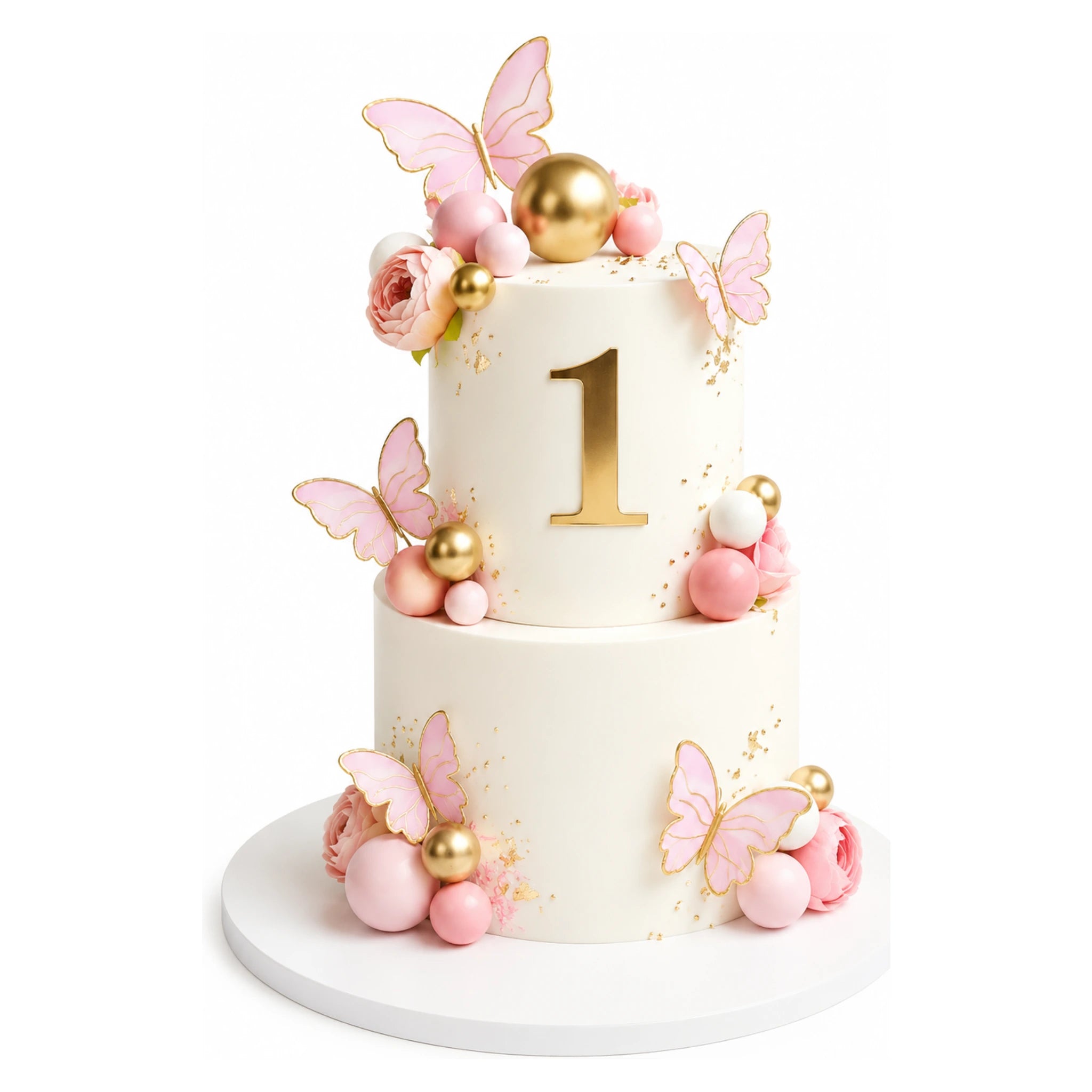 Two-tiered Pink Butterfly Garden Cake with delicate pink butterflies, gold spheres, and floral decorations, featuring a gold number one on the top tier for a first birthday celebration.