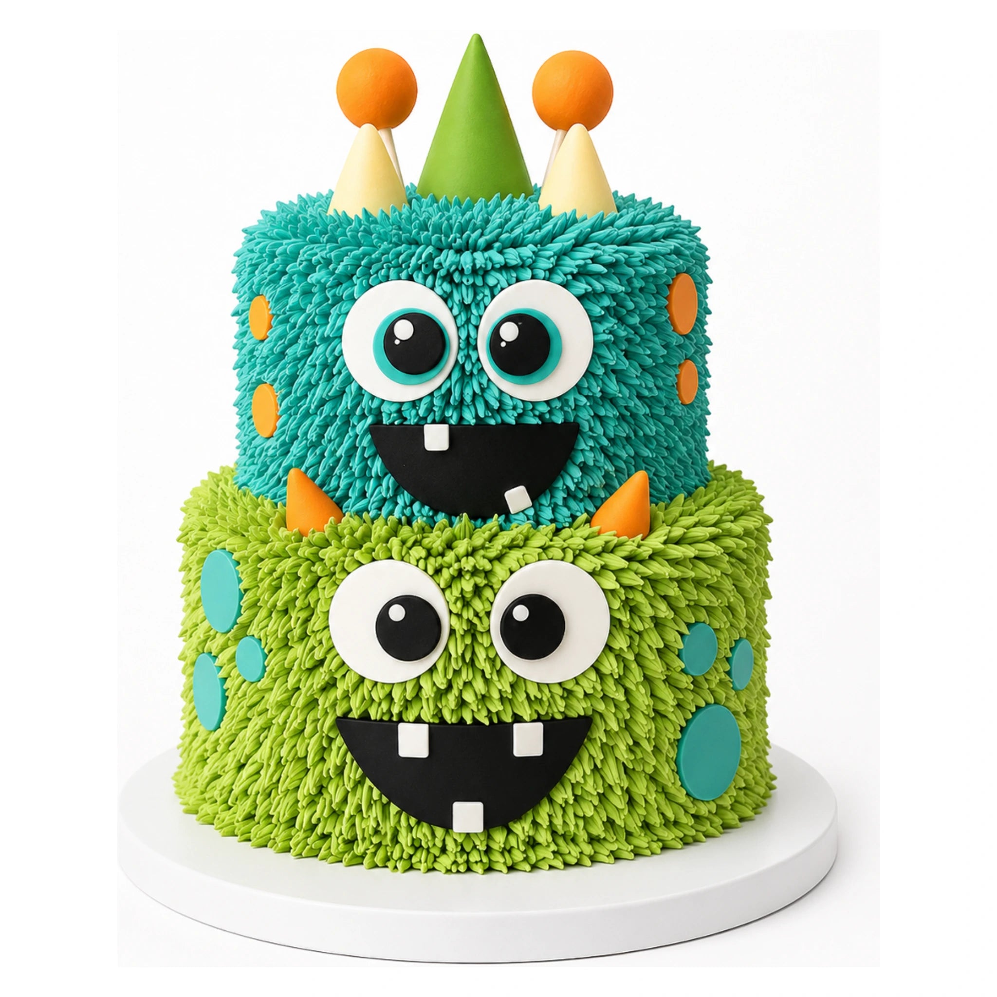 Double Monster Tier Cake with vibrant blue and green frosting, playful monster faces, and colorful cone-shaped decorations, perfect for custom birthday cakes and fun celebrations.