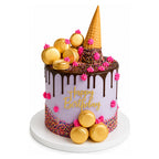 Purple Drip Macaron Cake with gold macarons, chocolate drip, colorful sprinkles, pink frosting accents, topped with an inverted waffle cone and Happy Birthday decoration.