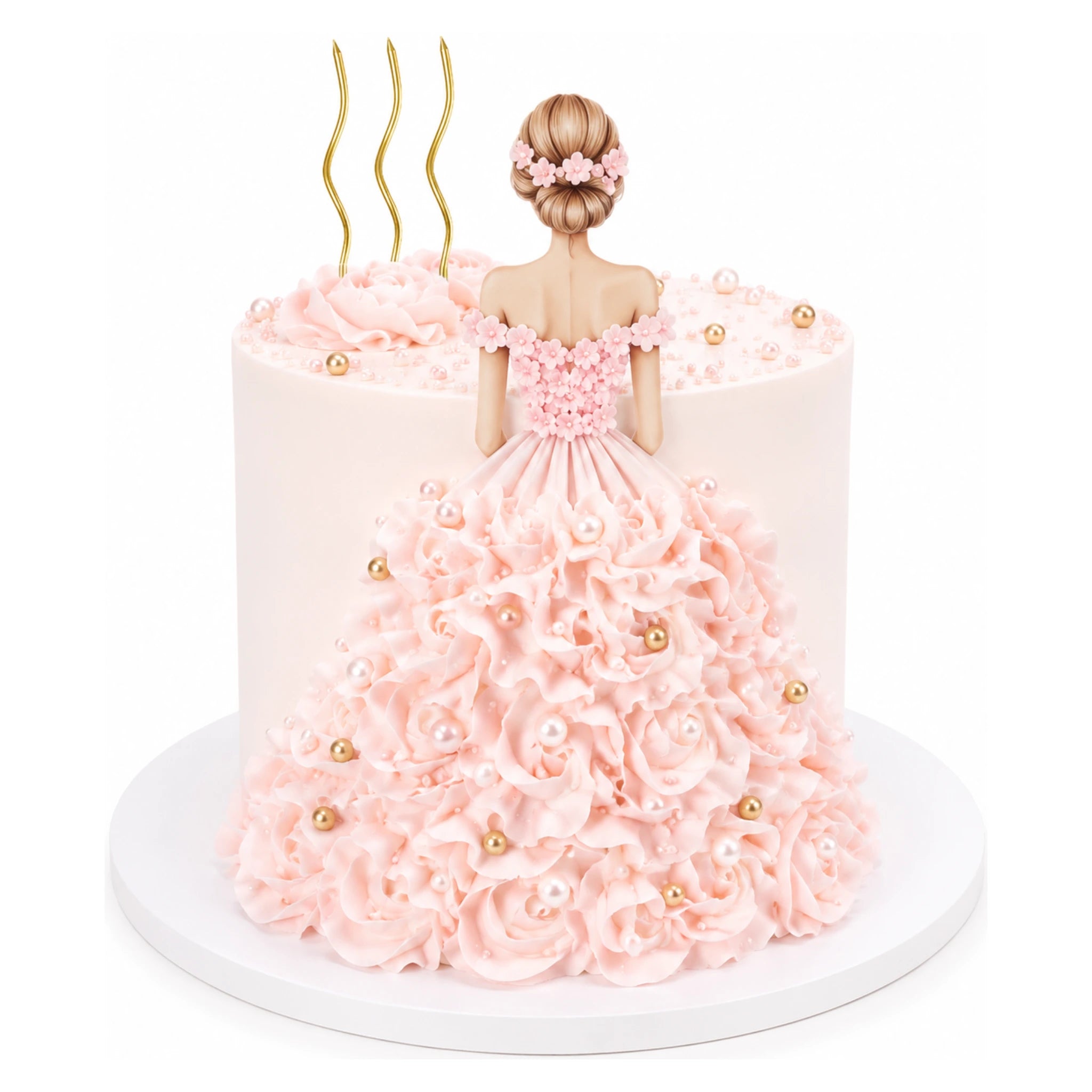 Balloon Girl Cake featuring an elegant pink dress design with detailed floral frosting and gold accents, showcasing a figurine in a delicate updo hairstyle.