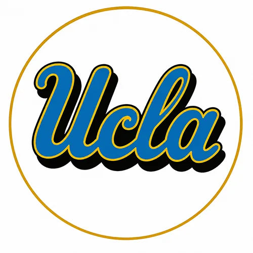 Blue and gold UCLA script logo with black outline inside a gold circle