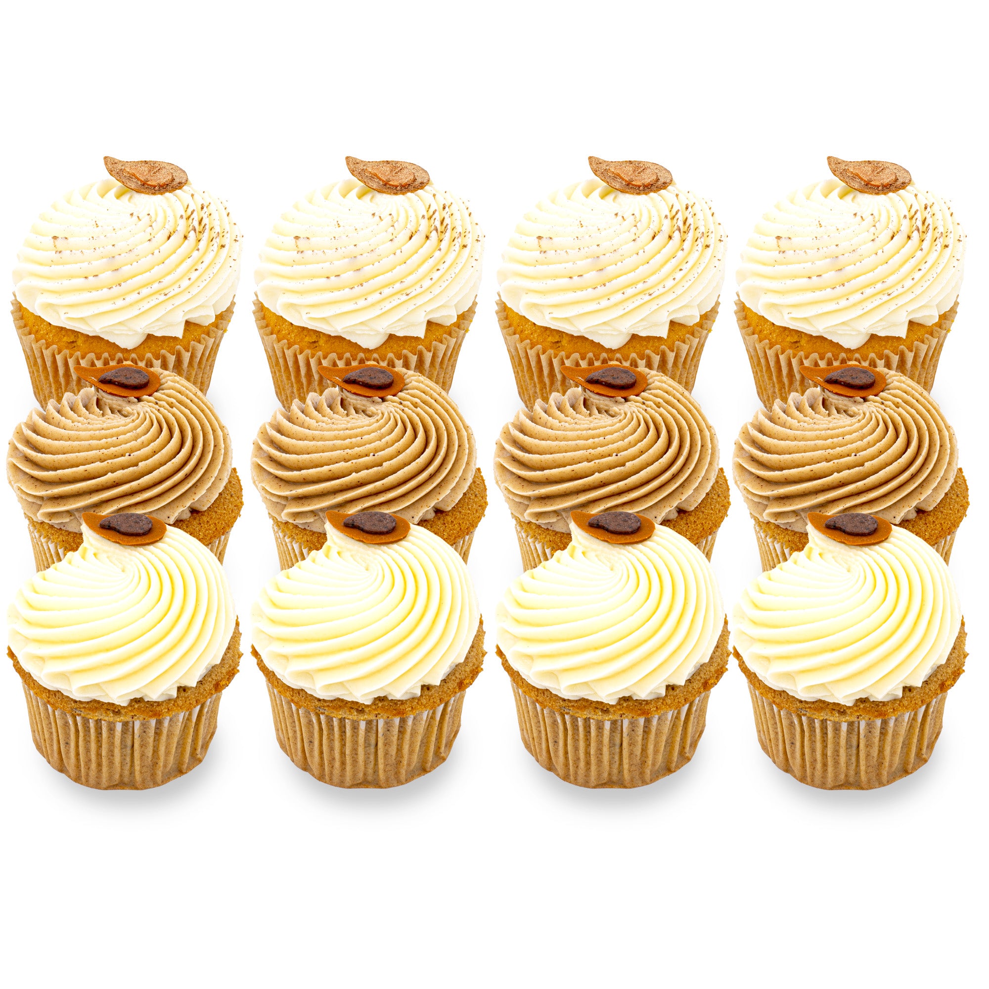 Assorted gourmet cupcakes with swirl frosting and decorative toppings, arranged in rows