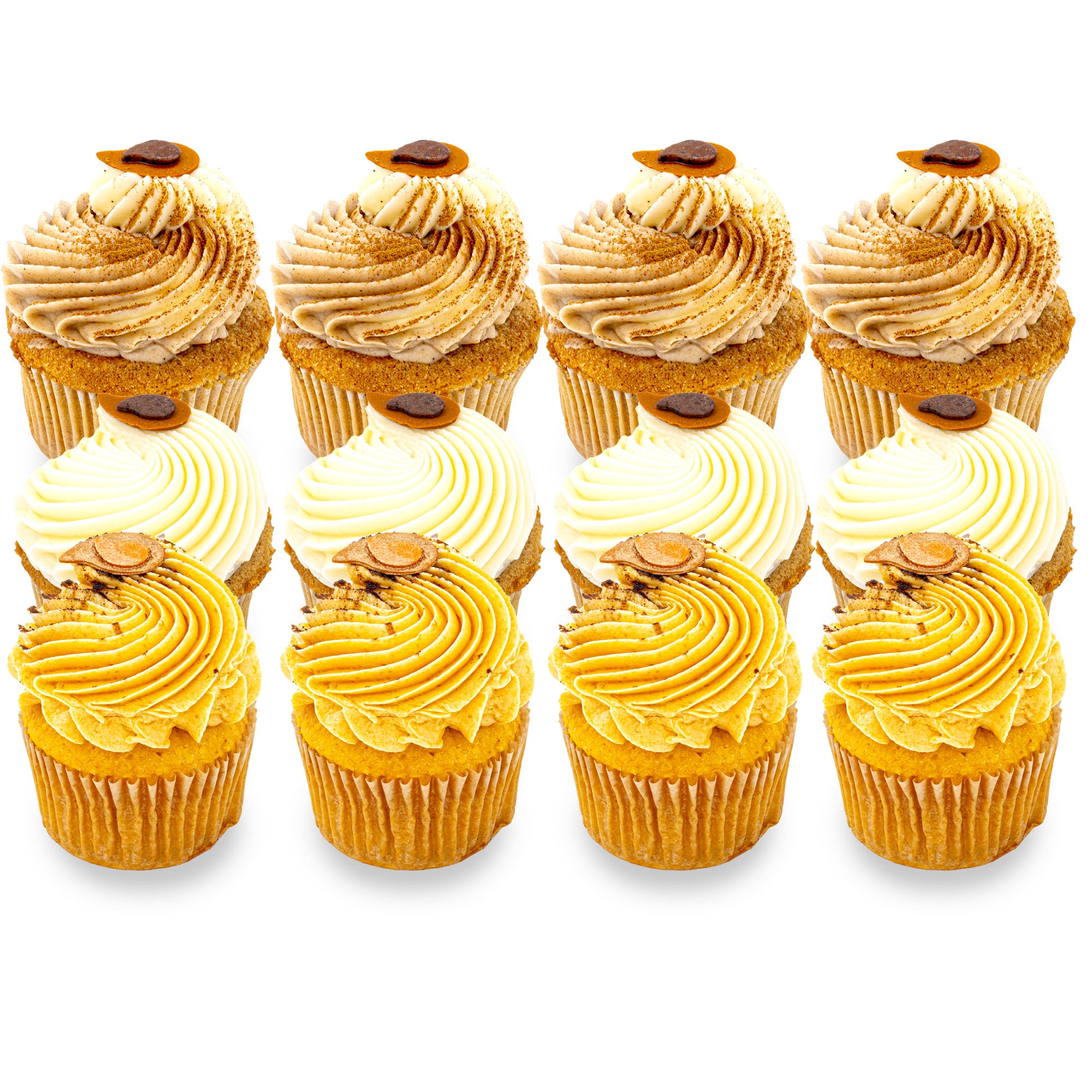 Assorted gourmet cupcakes with swirled frosting and festive toppings arranged in rows.