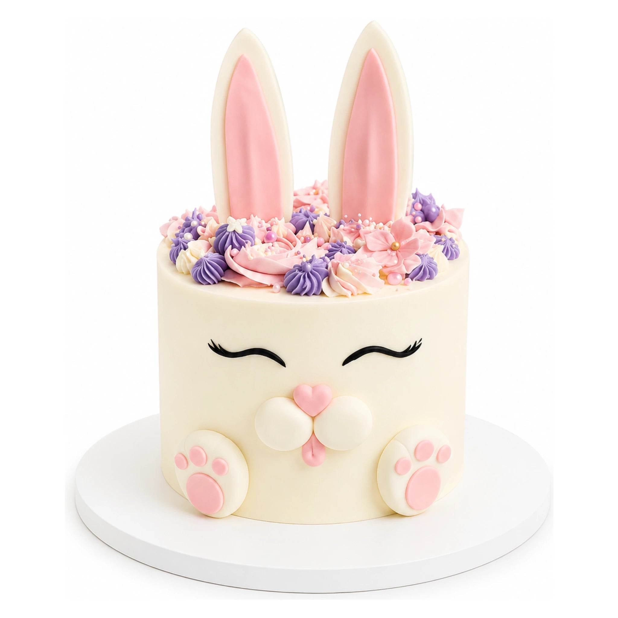 Cute Bunny Cake featuring a white fondant exterior with pink and purple floral decorations on top, bunny ears, closed eyes with lashes, and pink paw prints on the front.