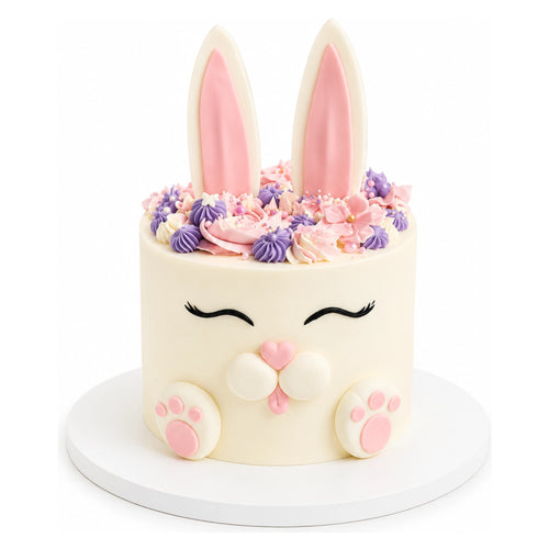 Cute Bunny Cake featuring a white fondant exterior with pink and purple floral decorations on top, bunny ears, closed eyes with lashes, and pink paw prints on the front.