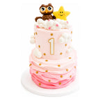 Two-tier pink ombre cake decorated with small gold stars, white clouds, a large gold number one, and topped with a smiling star and a cute owl sitting on fluffy clouds labeled Owl & Star Dreamy Cake.