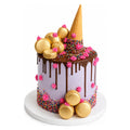 Purple Drip Macaron Cake with smooth purple frosting, chocolate drip, colorful sprinkles, bright pink icing accents, golden macarons, and an upside-down waffle cone topper.