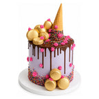Purple Drip Macaron Cake with smooth purple frosting, chocolate drip, colorful sprinkles, bright pink icing accents, golden macarons, and an upside-down waffle cone topper.