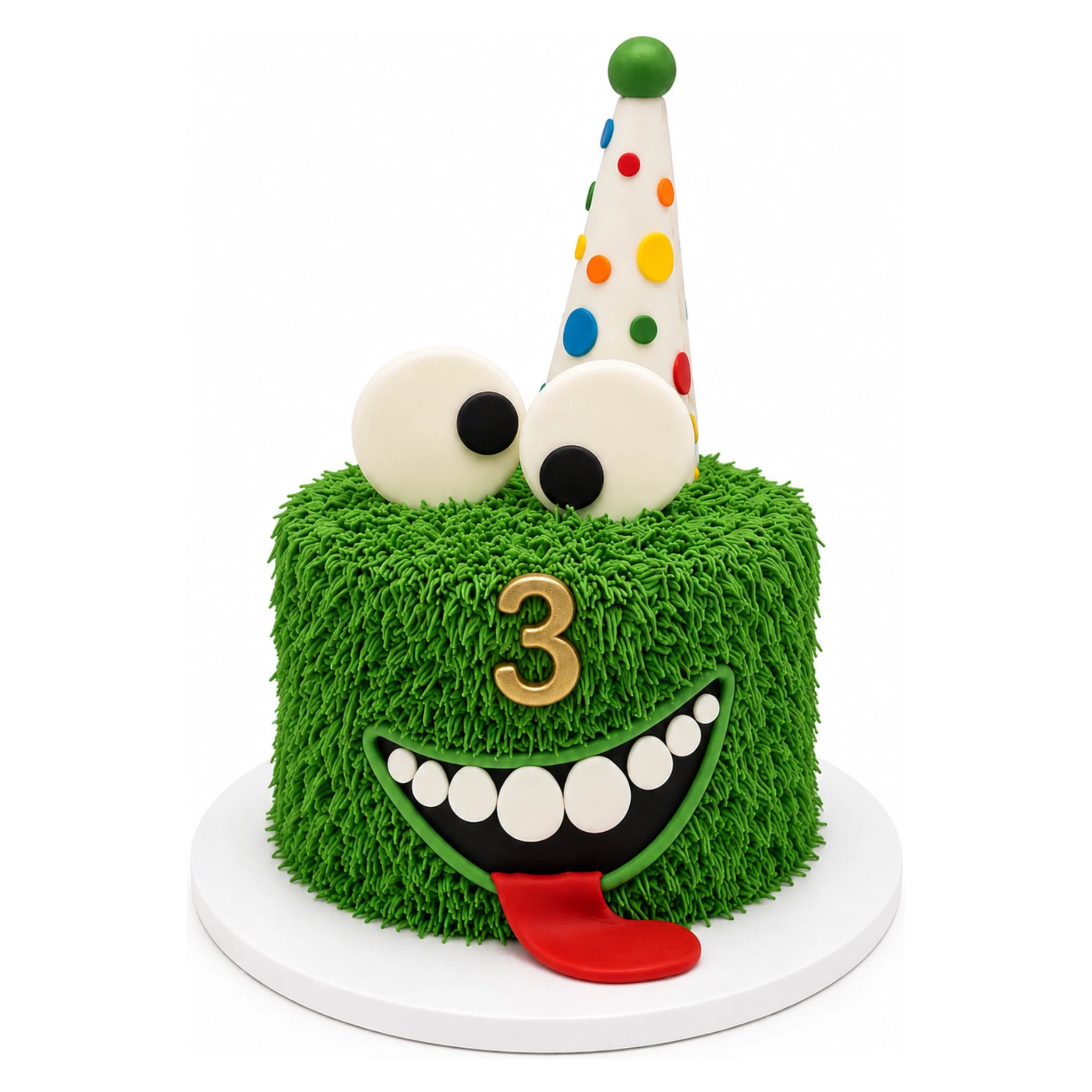 A playful Little Monster Birthday Cake with green textured frosting, large googly eyes, colorful polka dot party hat, wide smiling mouth, and red tongue sticking out, featuring a golden number 3 on the front.