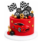 Racing Car Cake featuring a red sports car decal on a red cake, decorated with edible gold stars, colorful spheres, racing wheels, checkered flags, and a gold number nine topper.
