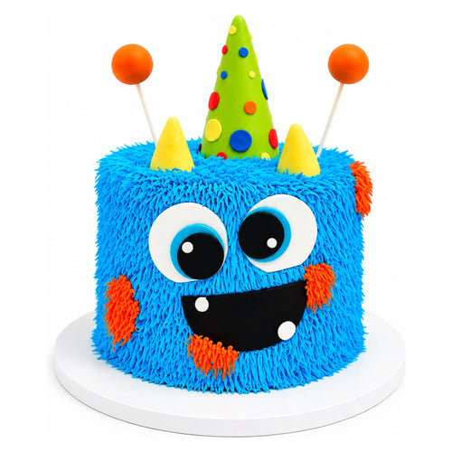 Blue Monster Party Cake featuring bright blue textured frosting, large googly eyes, a green party hat with colorful dots, yellow horns, orange cheeks, and two orange lollipop antennas.