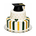 Elegant two-tier graduation cake decorated with green and gold stripes, quilted pattern with gold pearls, topped with a black fondant graduation cap, Custom School Logo Graduation Cake | Upload Your Artwork, luxury custom cakes and desserts baked fresh in Beverly Hills.