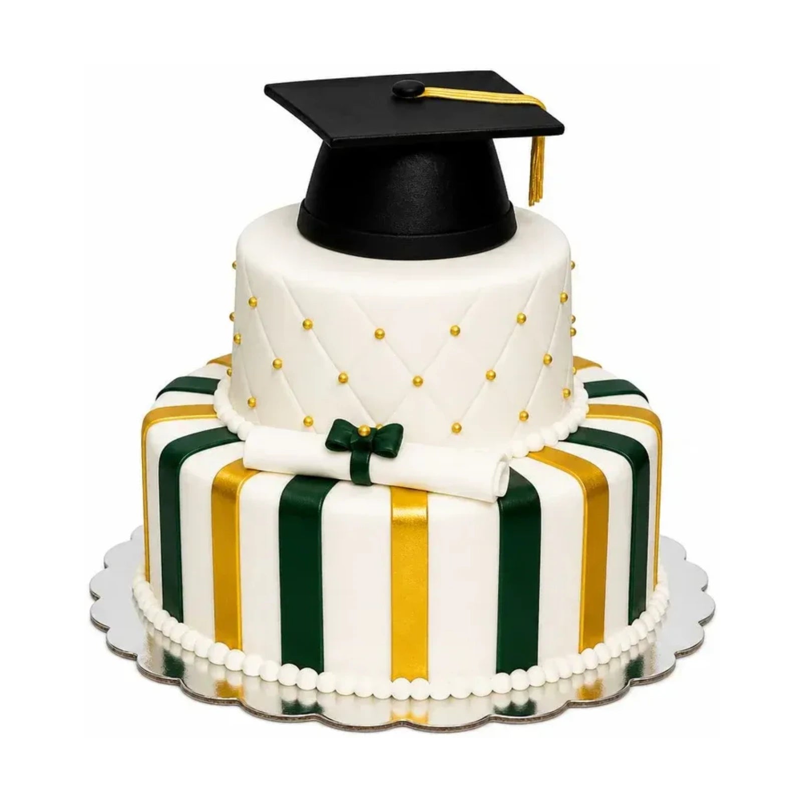 Elegant two-tier graduation cake decorated with green and gold stripes, quilted pattern with gold pearls, topped with a black fondant graduation cap, Custom School Logo Graduation Cake | Upload Your Artwork, luxury custom cakes and desserts baked fresh in Beverly Hills.