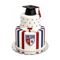 Two-tier LMU Graduation Cake – Striped Edition with red and blue stripes, quilted top tier decorated with blue edible pearls, topped with a black graduation cap and a fondant diploma, crafted by a luxury custom cake bakery on Rodeo Drive.
