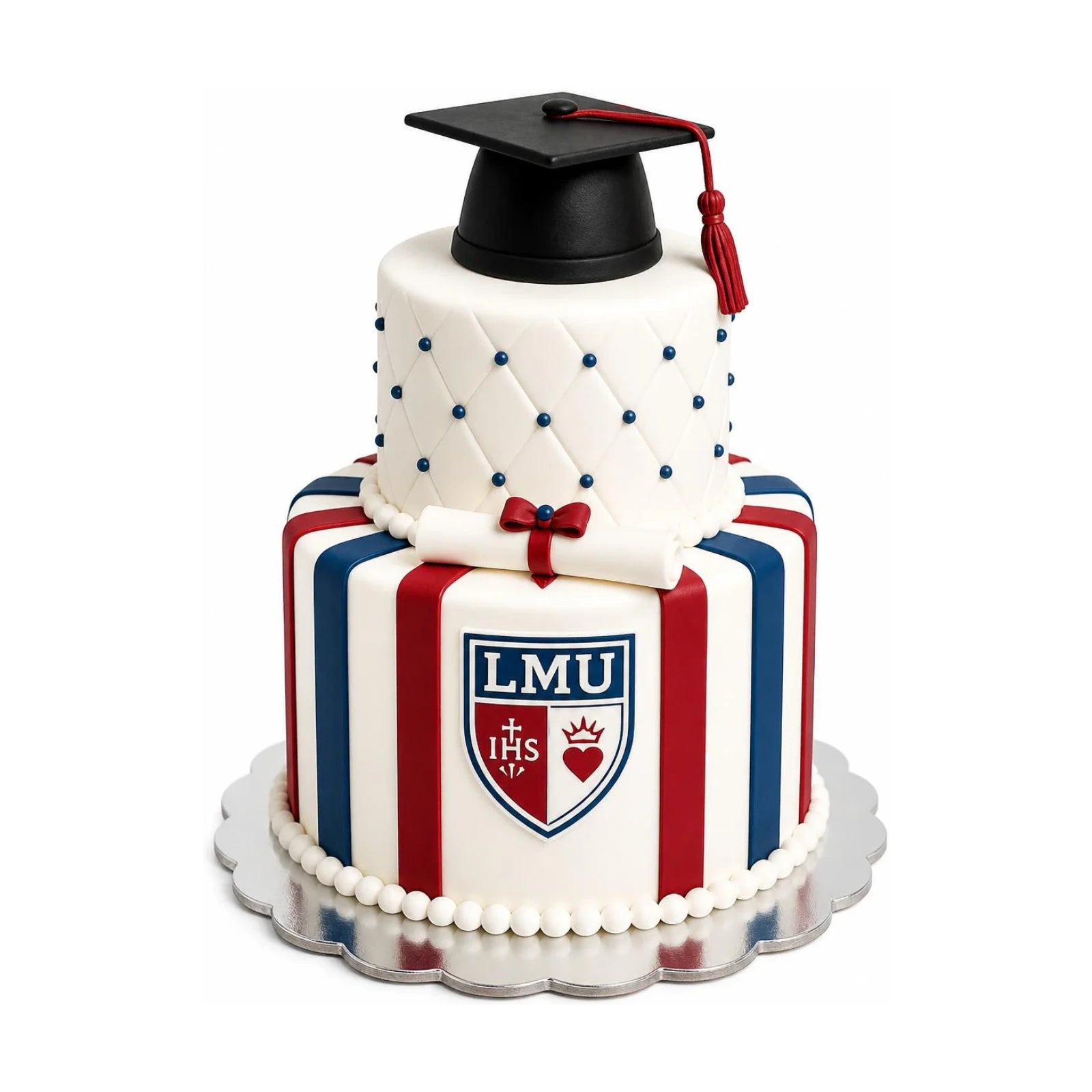 Two-tier LMU Graduation Cake – Striped Edition with red and blue stripes, quilted top tier decorated with blue edible pearls, topped with a black graduation cap and a fondant diploma, crafted by a luxury custom cake bakery on Rodeo Drive.