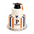 Two-tier Pepperdine University Graduation Cake featuring navy and orange stripes, quilted white fondant with gold pearl accents, a diploma decoration, and a black graduation cap topper, luxury custom cakes baked fresh in Beverly Hills.