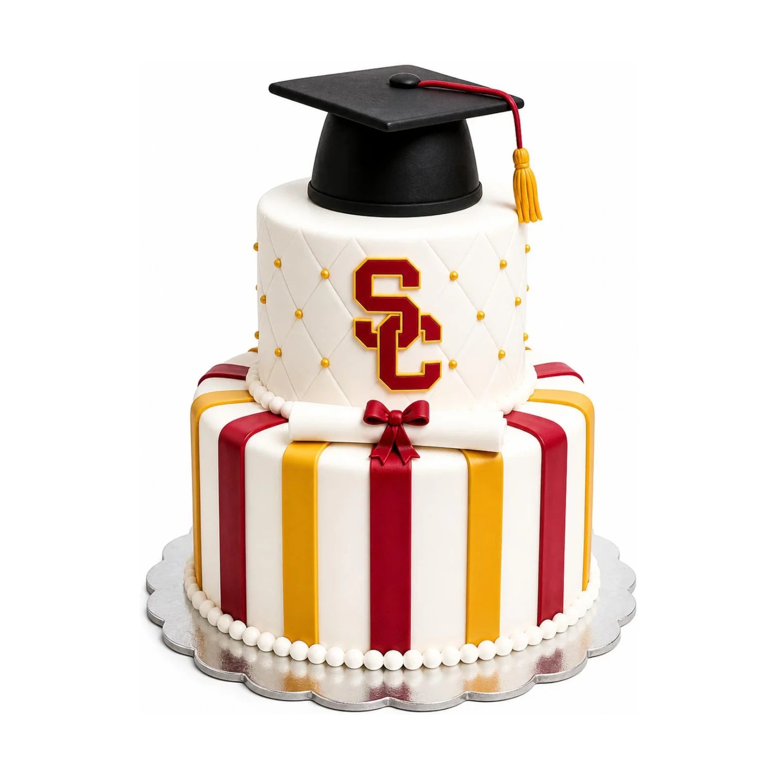 USC Graduation Cake – Striped Edition featuring two tiers decorated with red and gold stripes, topped with a black graduation cap, custom cakes baked from scratch in Beverly Hills.